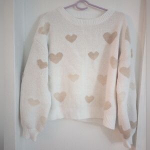 Cozy White and Tan Heart Love Fluffy Sweater Size Medium